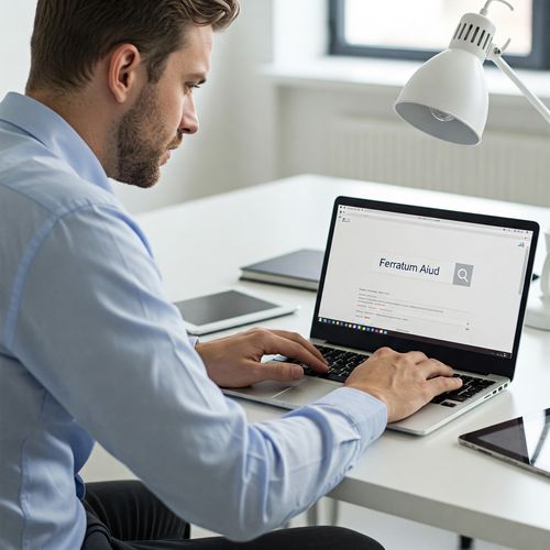 Imaginează-ți un bărbat caucazian, cu părul scurt și brun, și o barbă îngrijită, concentrat intens pe ecranul unui laptop deschis. Sprâncenele i se încruntă ușor, în timp ce caută pe internet „Ferratum Aiud”. Este așezat la un birou modern și elegant, într-un birou luminat, înconjurat de alte dispozitive electronice, sugerând un mediu de afaceri. Bărbatul poartă o cămașă albastră deschisă și pantaloni gri închis. Ecranul laptopului este punctul central al imaginii, cu interogarea de căutare „Ferratum Aiud” afișată vizibil. Compoziția imaginii este apropiată și se concentrează pe fața bărbatului și pe ecranul laptopului, subliniind acțiunea de căutare. Lumina este puternică, proiectând o strălucire moale pe trăsăturile bărbatului și pe laptop, sugerând un cadru diurn.