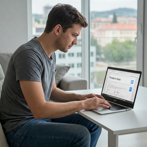 Un bărbat caucazian stă la o masă albă, concentrat la laptopul deschis în fața lui. Pe ecranul laptopului se observă o pagină web cu textul