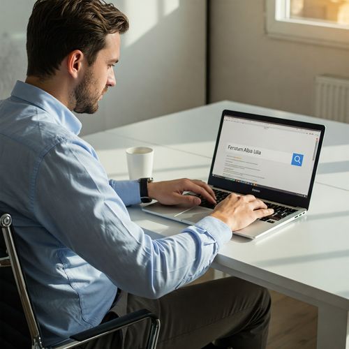 Un bărbat caucazian, îmbrăcat într-o cămașă albastră deschis, stă așezat la o masă albă și lucrează pe un laptop argintiu. Ecranul laptopului afișează o pagină de căutare web cu textul