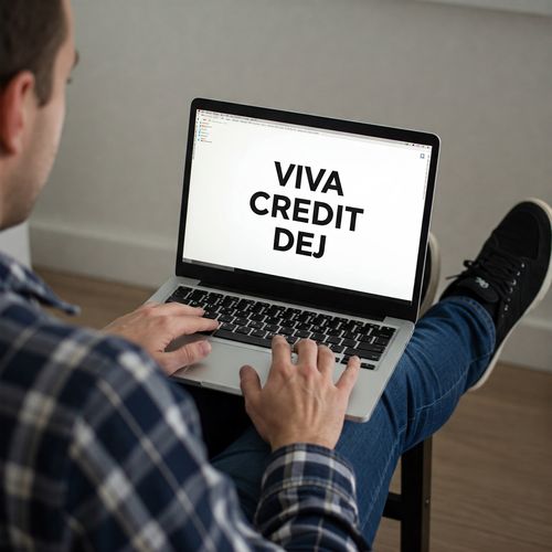 imaginea prezinta un barbat caucazian imbracat casual, care sta in fata unui laptop si pe ecran scrie Viva Credit Dej