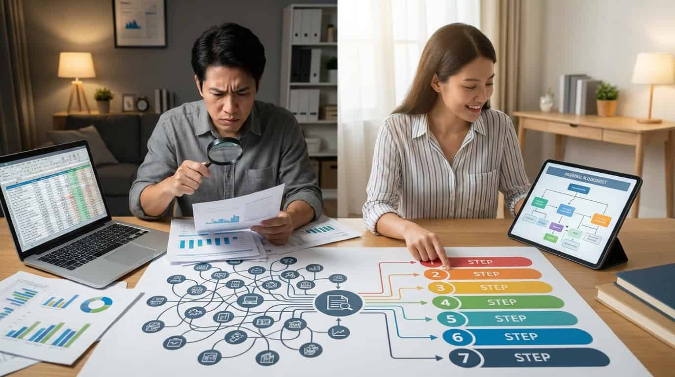Bărbat analizând grafice cu lupă și femeie zâmbitoare prezentând o strategie de business în șapte pași.
