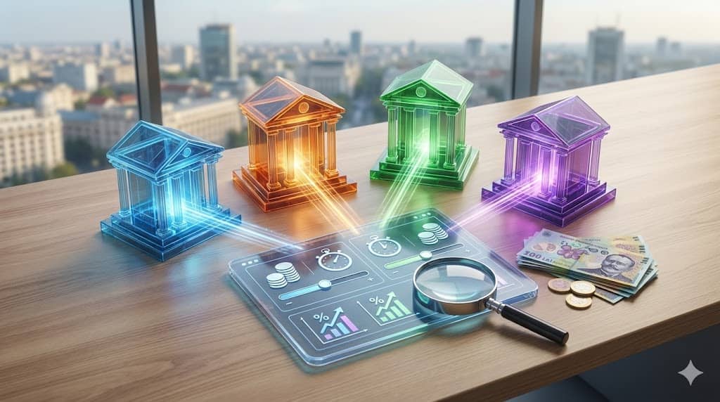 Analiză comparativă a ofertelor de creditare rapidă: tabletă cu date financiare conectată la 4 simboluri IFN.
