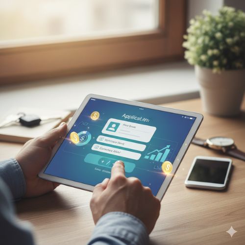 O persoană completează o aplicație de credit online rapid pe o tabletă, simbolizând procesul simplificat, fără documente inutile. Pe ecran sunt vizibile elemente de interfață cu opțiuni de verificare a veniturilor și conectare la ANAF, indicând rapiditate și tehnologie financiară. Alături se află un telefon mobil și chei, sugerând accesibilitatea și libertatea oferite de soluțiile de creditare digitală.