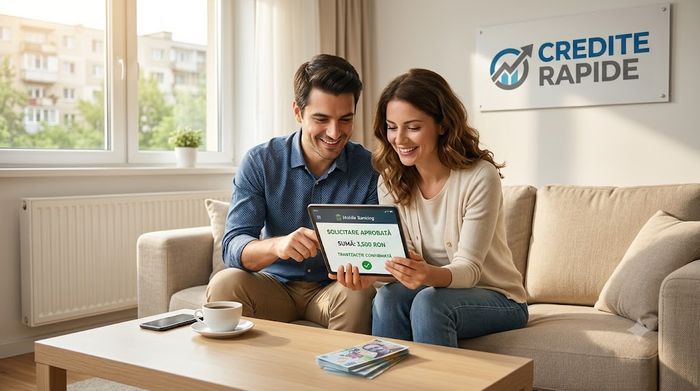 Cuplu zâmbitor aprobând un credit rapid online pe tabletă, acasă, pe canapea.