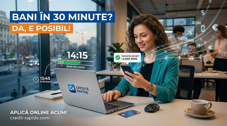 Femeie zâmbitoare la laptop care primește bani online pe card în 30 minute prin platforma Credite Rapide.