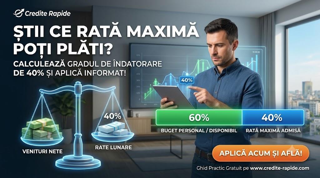 Infografic despre calculul gradului maxim de îndatorare de 40% și stabilirea ratei lunare.