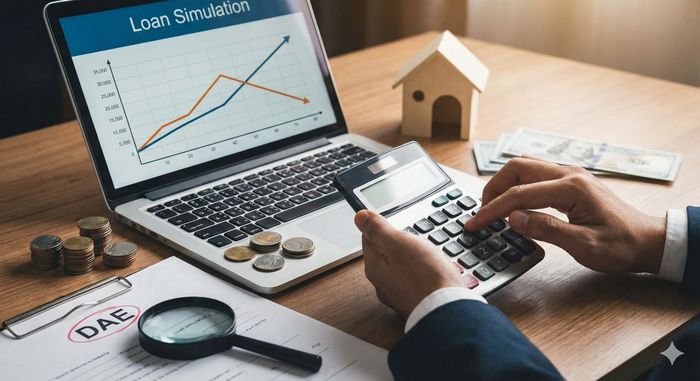 O persoană folosește un calculator de birou și un laptop care afișează un grafic de simulare a unui credit, având alături monede, bancnote și un document pe care este încercuit termenul DAE (Dobânda Anuală Efectivă).