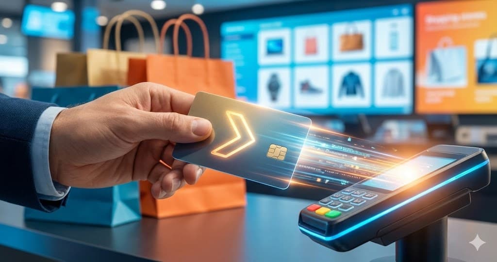 Plată contactless rapidă cu un card de credit pentru cumpărături într-un magazin modern.