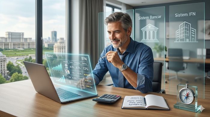 Bărbat compară pe laptop oferte de credit de nevoi personale într-un birou modern