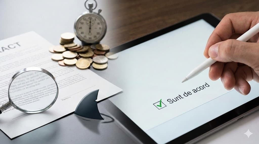 Analiză contract credit rapid: lupă și aripioară de rechin simbolizând clauze abuzive ascunse.