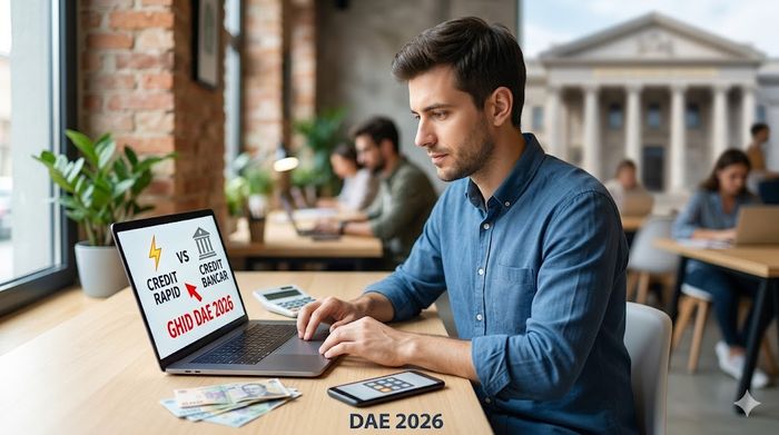 Barbat analizand pe laptop comparatia dintre credit rapid si credit bancar, calculator si bani pe birou.
