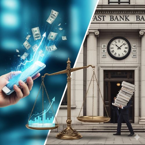 Metaforă vizuală care compară un credit IFN rapid și digital (simbolizat de un telefon mobil cu grafic ascendent și bani electronici) cu un credit bancar tradițional și lent (simbolizat de o clădire bancară veche și un teanc mare de documente). O balanță în centru se înclină în favoarea soluției digitale, indicând rapiditatea.