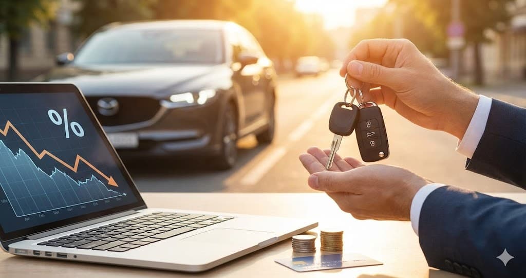Obținerea cheilor auto lângă un laptop ce indică o dobândă mică pentru un credit de mașină.