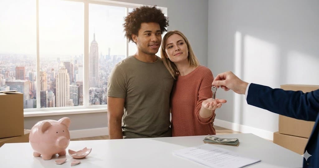 Tineri primind chei apartament și bani de chirie și garanție.