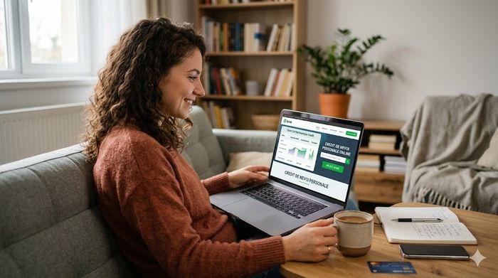 Femeie pe canapea analizând o ofertă de credit de nevoi personale pe laptop