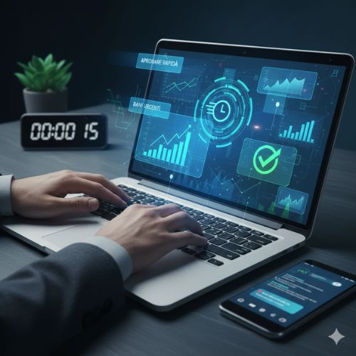 Această imagine surprinde esența obținerii unui credit nevoi personale rapid: o persoană care interacționează cu un laptop, având pe ecran elemente vizuale sugestive precum grafice financiare, indicatori de progres, un ceas care subliniază rapiditatea procesului și mesaje cheie precum