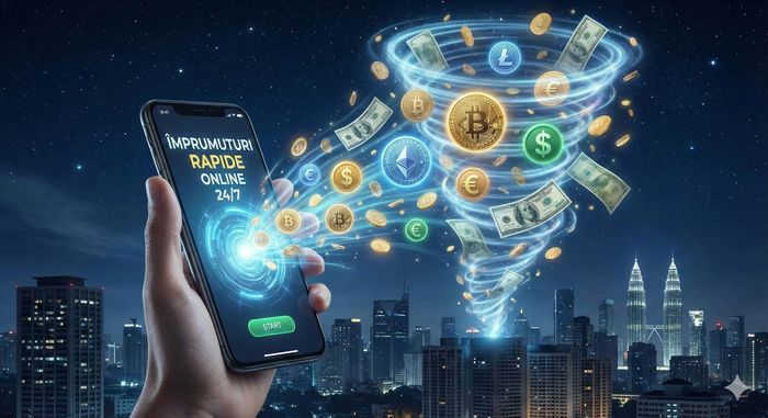 O ilustrare conceptuală a unui smartphone utilizat pe timp de noapte, din ecranul căruia se materializează instantaneu bani digitali și monede, simbolizând accesul rapid și non-stop la împrumuturi financiare online.