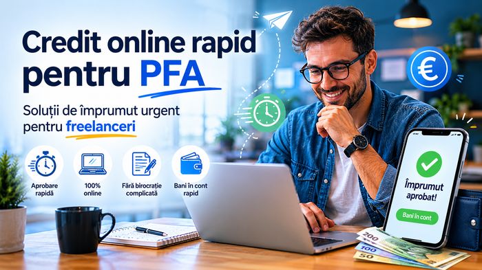 Bărbat la laptop zâmbind, text Credit online rapid pentru PFA și pictograme financiare.
