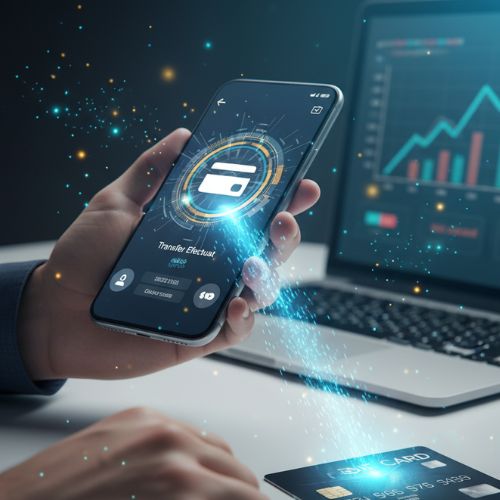 O persoană transferă rapid bani de pe un smartphone pe un card bancar, simbolizând un credit online rapid pe card.