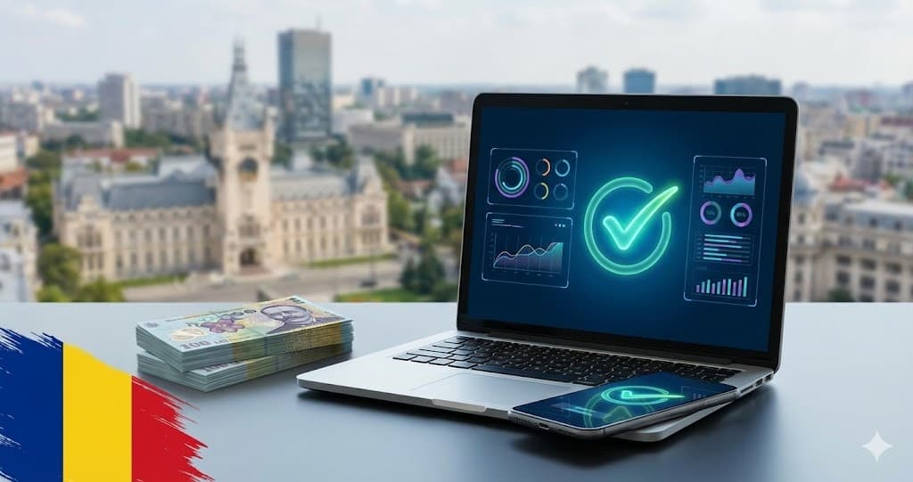 Platforme credit online rapid România: laptop cu aprobare, bani și steag pe fundal urban.
