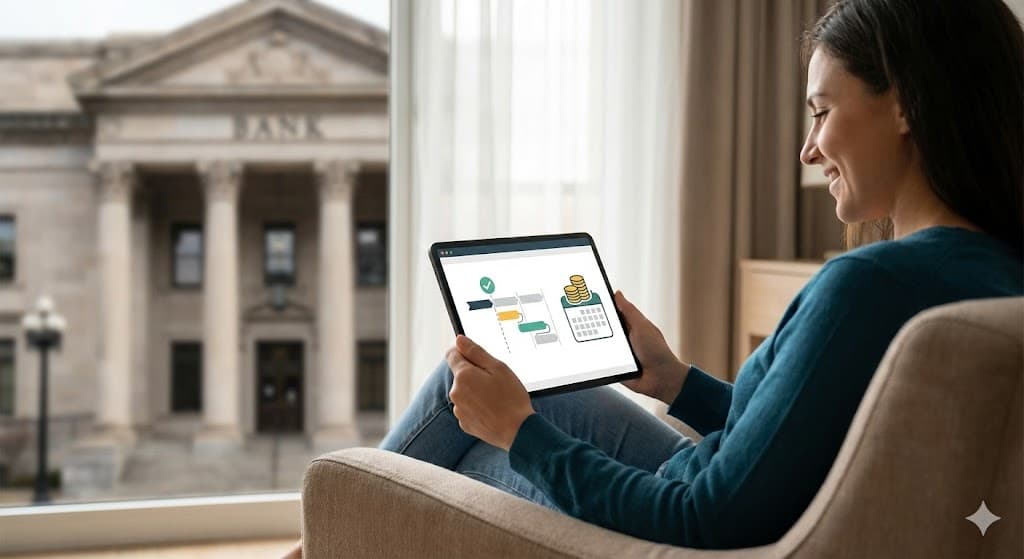 Femeie care accesează un credit online pe termen lung de pe tabletă, în contrast cu o bancă clasică afară.