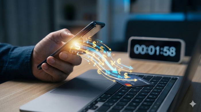 O fotografie close-up, modernă și dinamică. În prim-plan, o mână ține un smartphone de pe al cărui ecran luminos pare că se 