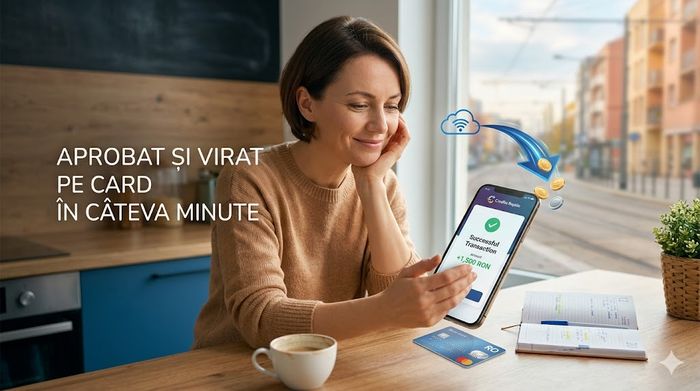 Femeie zâmbind în bucătărie care primește bani pe telefon prin transfer rapid de la Credit Rapid