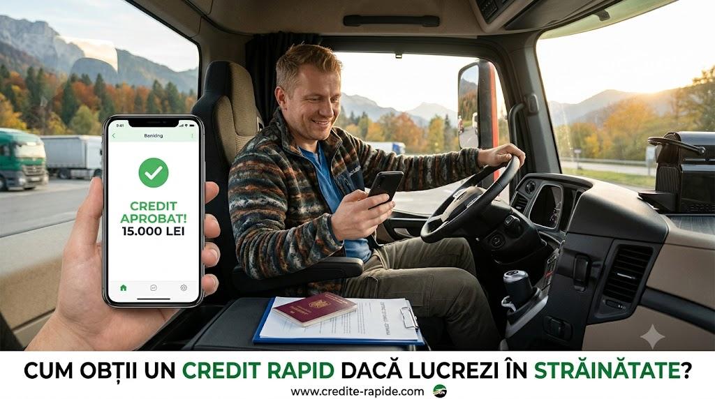 Șofer de TIR în camion verifică aprobarea unui credit rapid pe telefon