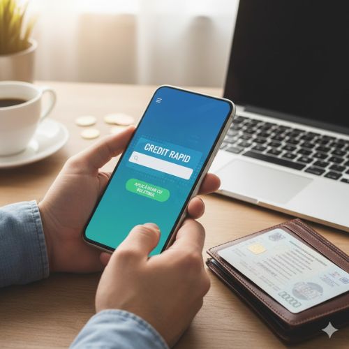 Imaginea prezintă o persoană care ține un smartphone în mâini, cu aplicația
