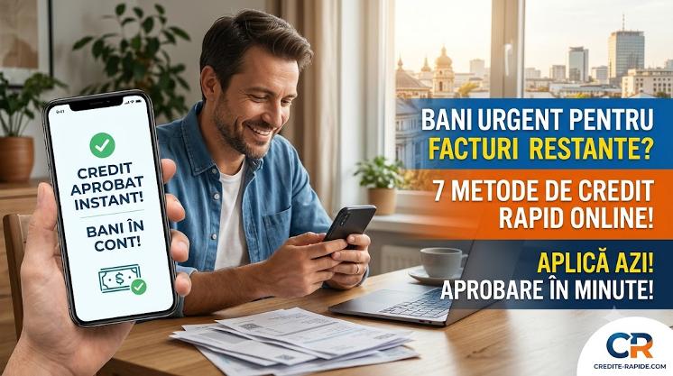Bărbat zâmbitor care privește telefonul având facturi pe masă, ilustrând un credit rapid aprobat online.