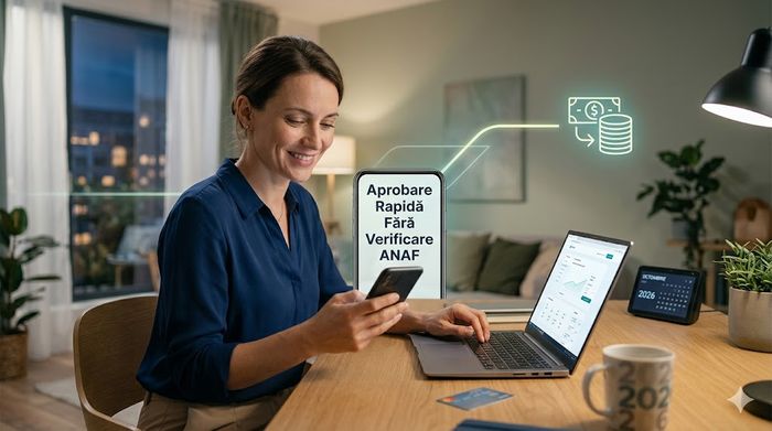 Femeie care accesează un credit rapid online fără verificare ANAF de pe telefon în 2026.