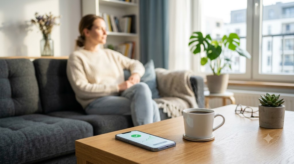 Telefon mobil cu aplicație de credit rapid online aprobat, pe masa din sufragerie.