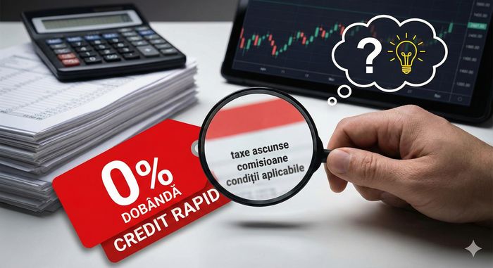 Analiză financiară a unei oferte de credit rapid fără dobândă: o lupă evidențiază detaliile contractuale și potențialele costuri ascunse din spatele promoției de 0% dobândă, simbolizând transparența și prudența în împrumuturi.