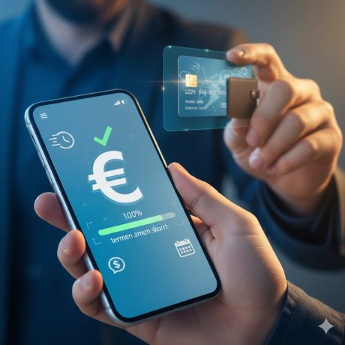 Această imagine digitală futuristă simbolizează rapiditatea și ușurința obținerii unui credit rapid fara dobanda prin intermediul tehnologiei moderne. Smartphone-ul afișează o interfață intuitivă cu un simbol