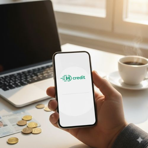 O mână ține un smartphone care afișează interfața aplicației Hora Credit, cu detaliile unui credit de 3.000 lei. În fundal se văd o parte dintr-un laptop deschis, o ceașcă de cafea și câteva monede, sugerând un mediu de lucru acasă.