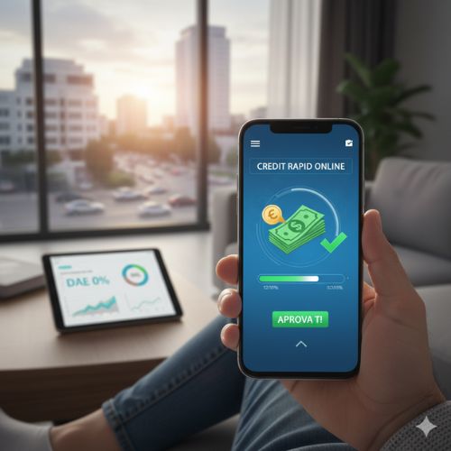 O persoană stă relaxată pe canapea și aplică pentru un credit rapid online de pe telefonul mobil, cu o tabletă afișând analize financiare pe masă, sugerând ușurința și viteza procesului de finanțare urgentă.