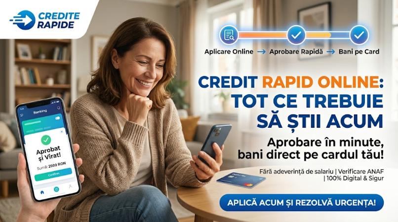 Interfață telefon cu un credit rapid aprobat instant pe card, fundal albastru cu monede și grafice