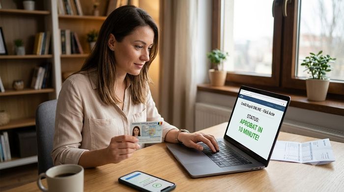 Femeie care obține un credit rapid online pe laptop, ținând buletinul în mână în siguranță