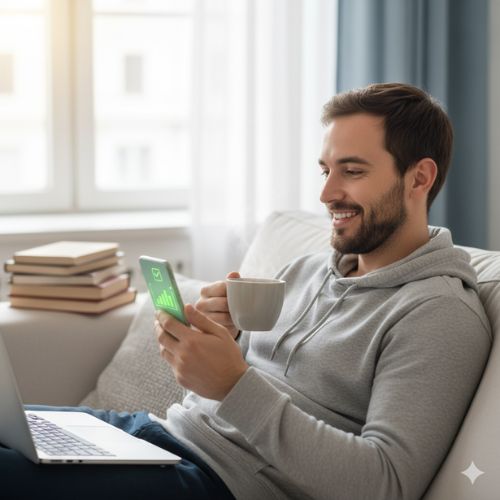 Persoană relaxată acasă accesând un credit rapid online de pe telefonul mobil fără birocrație și stres financiar.