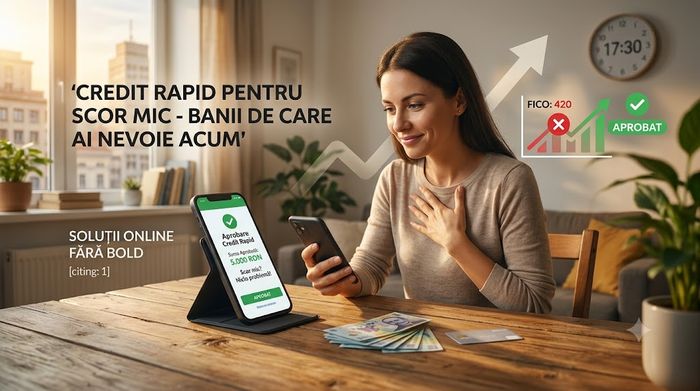 Femeie zâmbitoare care primește aprobare pentru un credit online rapid deși are scorul FICO mic.