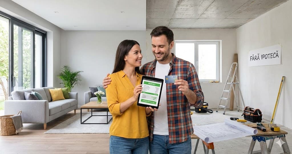 Cuplu planificând renovarea casei prin credit de nevoi personale fără ipotecă.