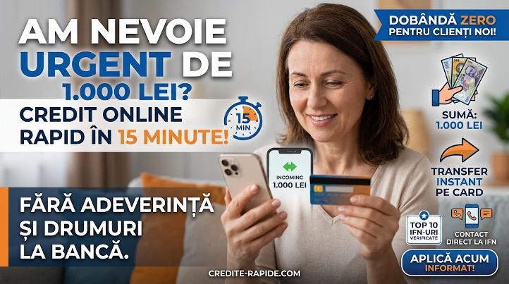 Credit online urgent 1.000 lei pe card în 15 minute, fără adeverință și dobândă 0%.