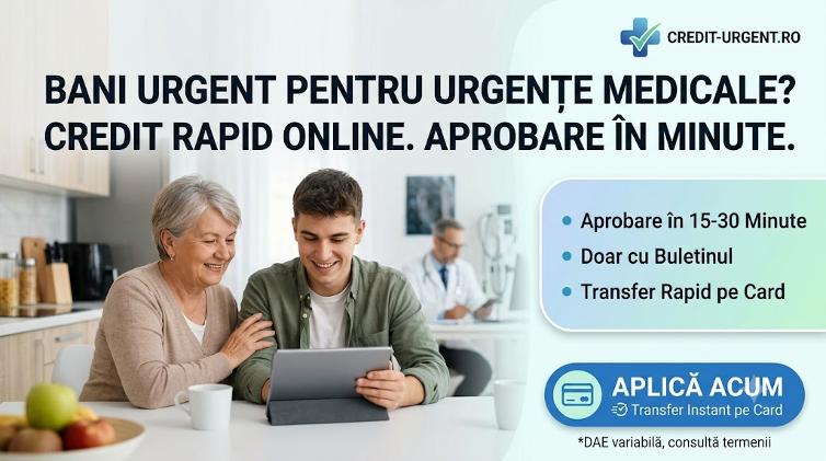 O mamă și fiul ei aplică online pe tabletă pentru un credit medical urgent, în timp ce un medic lucrează în fundal.