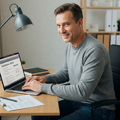 În biroul său de acasă luminos și modern, un bărbat caucazian de vârstă medie analizează cu atenție o ofertă de credit de nevoi personale pe laptopul său. Zâmbetul său prietenos și concentrarea profundă transmit încredere și profesionalism. Părul șaten deschis, pieptănat cu grijă, și îmbrăcămintea casual elegantă, constând într-un pulover gri și blugi, subliniază caracterul relaxat, dar serios al scenei. Biroul său este ordonat, cu un birou elegant din lemn, creând un mediu de lucru primitor și bine organizat. Ecranul laptopului afișează clar detaliile ofertei de credit, iar lumina caldă din încăpere accentuează importanța documentului. Imaginea transmite un sentiment de responsabilitate și seriozitate în gestionarea finanțelor personale.