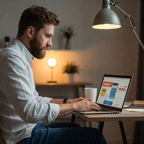 Imaginează-ți un bărbat caucazian, în jur de 30-40 de ani, îmbrăcat casual-business, așezat la un birou modern. Pe fața lui se citește o ușoară neliniște, dar și determinare. Este concentrat la ecranul unui laptop, comparând diferite oferte de credite online. În fundal, se observă o cameră luminoasă, cu un design minimalist, sugerând un mediu de lucru modern sau un birou de acasă. Lumina caldă cade pe chipul bărbatului, subliniind trăsăturile sale îngrijite. Imaginea transmite o senzație de profesionalism și încredere, sugerând că bărbatul ia decizii financiare inteligente și bine informate.