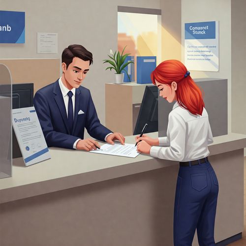 Această imagine detaliată prezintă o tânără semnând un contract la ghișeul unei bănci. Femeia, cu părul roșcat vibrant prins într-o coadă de cal, poartă o bluză albă și pantaloni bleumarin. Ea citește cu atenție contractul înainte de a-l semna cu un stilou argintiu. Angajatul băncii, un bărbat cu părul scurt și închis la culoare, stă în spatele ghișeului, oferind îndrumare și suport. Scena este amplasată într-o sucursală bancară, cu un design curat și minimalist, în tonuri neutre, cu o fereastră mare care lasă lumina naturală să inunde spațiul. Banca este concepută pentru a fi calmă și minimalistă, pentru a inspira încredere clienților. Fotografia are un aspect curat, profesional, cu accent pe claritate și detalii, evidențiind sentimentul de profesionalism și siguranță pe care banca le oferă clienților săi.