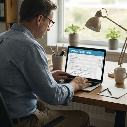 Imaginea prezintă un bărbat de vârstă mijlocie, purtând o cămașă și pantaloni kaki, concentrat în timp ce completează o cerere de credit online pe laptopul său. Acesta se află într-un birou de acasă bine iluminat, cu lumină naturală care pătrunde printr-o fereastră mare, creând o atmosferă caldă și primitoare. Ecranul laptopului afișează un formular de aplicare online cu câmpuri pentru informații personale, detalii despre venituri și specificații ale creditului. În jurul bărbatului se află diverse articole de birou, sugerând un mediu de lucru profesional la domiciliu. Compoziția imaginii transmite accesibilitatea și ușurința de utilizare a aplicării online pentru un credit. Fotografia este realizată cu un aparat foto DSLR profesional, utilizând lumină naturală, pentru a oferi impresia unui moment autentic din viața de zi cu zi. Focusul este pe bărbat și formularul de aplicare, cu o adâncime de câmp mică care estompează fundalul, accentuând acțiunea de completare a cererii.