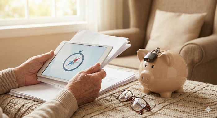 Un cadru cald și liniștitor înfățișând un pensionar relaxat care consultă documente financiare sau un dispozitiv digital, sugerând siguranța, simplitatea și accesibilitatea unui credit rapid dedicat seniorilor, fără birocrație complicată.