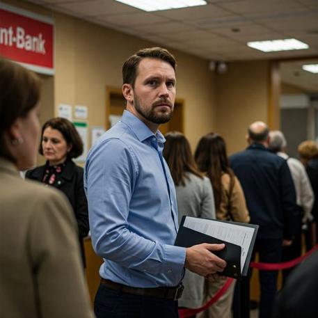 imaginea prezinta un barbat cu barba care astepata la banca sa primeasca un credit.