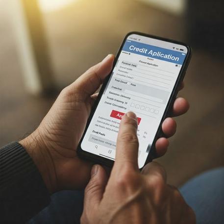 Imaginea prezintă o aplicație de credit digitală pe un ecran de smartphone, ținută în mâinile unei persoane. Prim-planul detaliază formularul online, subliniind simplitatea procesului de aplicare. Fundalul estompat adaugă profunzime și pune accentul pe acțiunea de aplicare pentru un credit online rapid, ilustrând confortul și accesibilitatea serviciilor financiare digitale.